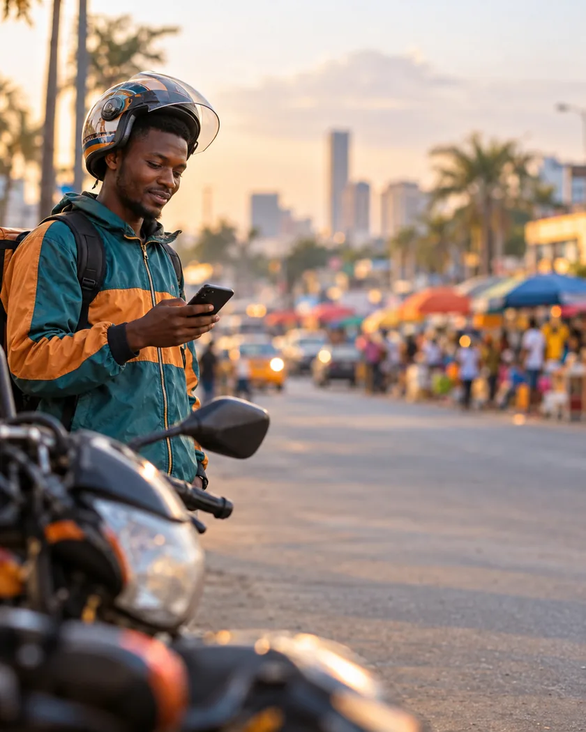 A motorbike courier checks a message on his phone, in a busy street.