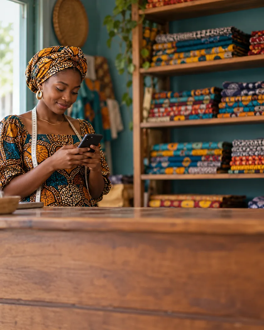 A shopkeeper replies to a message on her phone, behind the counter of her shop.